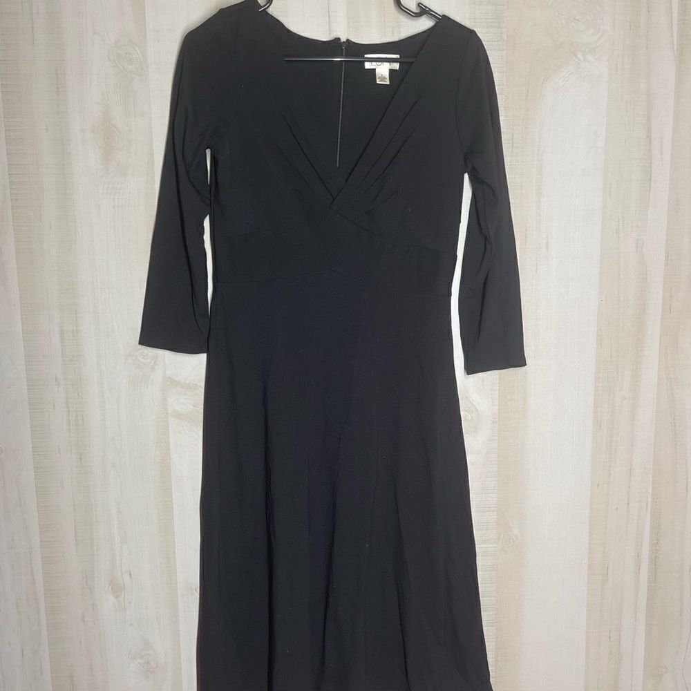 Loft black midi‎ v neck fit and flare dress, size 2